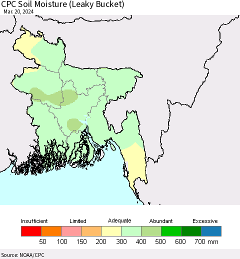 Bangladesh CPC Soil Moisture (Leaky Bucket) Thematic Map For 3/16/2024 - 3/20/2024
