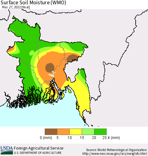 Bangladesh Surface Soil Moisture (WMO) Thematic Map For 3/21/2022 - 3/27/2022