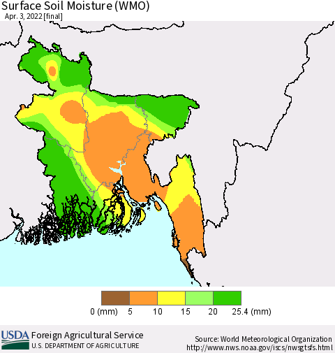 Bangladesh Surface Soil Moisture (WMO) Thematic Map For 3/28/2022 - 4/3/2022