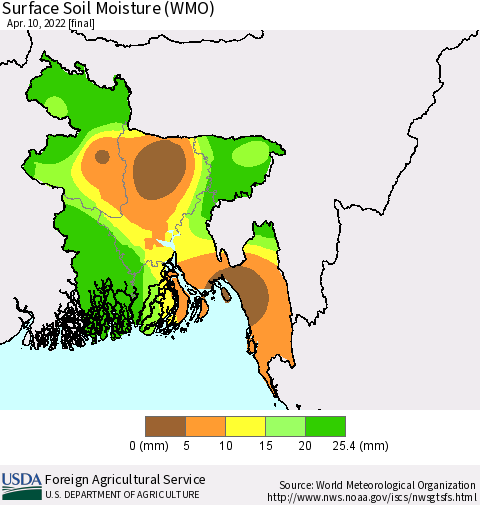 Bangladesh Surface Soil Moisture (WMO) Thematic Map For 4/4/2022 - 4/10/2022