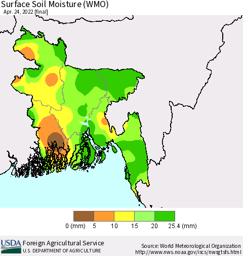 Bangladesh Surface Soil Moisture (WMO) Thematic Map For 4/18/2022 - 4/24/2022