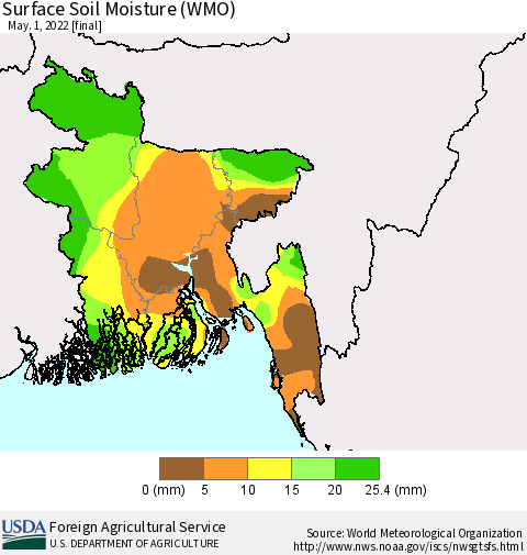 Bangladesh Surface Soil Moisture (WMO) Thematic Map For 4/25/2022 - 5/1/2022