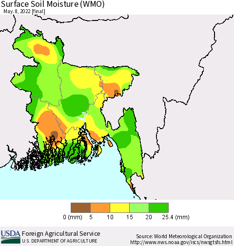 Bangladesh Surface Soil Moisture (WMO) Thematic Map For 5/2/2022 - 5/8/2022