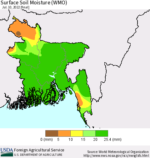 Bangladesh Surface Soil Moisture (WMO) Thematic Map For 7/4/2022 - 7/10/2022