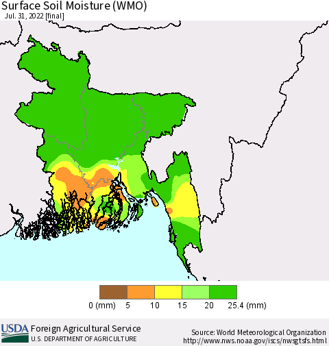 Bangladesh Surface Soil Moisture (WMO) Thematic Map For 7/25/2022 - 7/31/2022