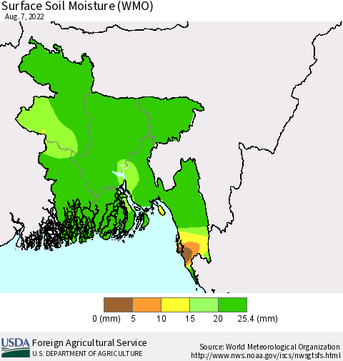 Bangladesh Surface Soil Moisture (WMO) Thematic Map For 8/1/2022 - 8/7/2022