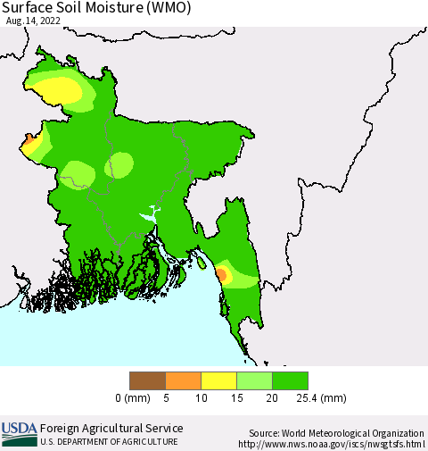 Bangladesh Surface Soil Moisture (WMO) Thematic Map For 8/8/2022 - 8/14/2022