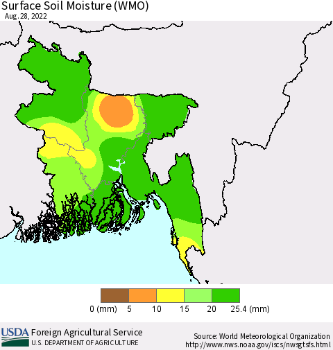 Bangladesh Surface Soil Moisture (WMO) Thematic Map For 8/22/2022 - 8/28/2022