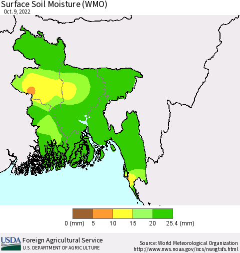 Bangladesh Surface Soil Moisture (WMO) Thematic Map For 10/3/2022 - 10/9/2022