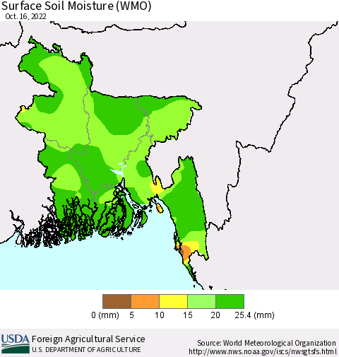 Bangladesh Surface Soil Moisture (WMO) Thematic Map For 10/10/2022 - 10/16/2022