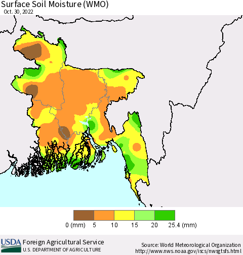 Bangladesh Surface Soil Moisture (WMO) Thematic Map For 10/24/2022 - 10/30/2022