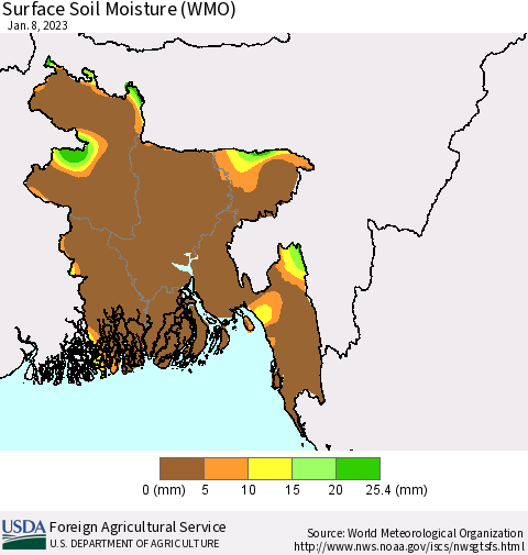 Bangladesh Surface Soil Moisture (WMO) Thematic Map For 1/2/2023 - 1/8/2023