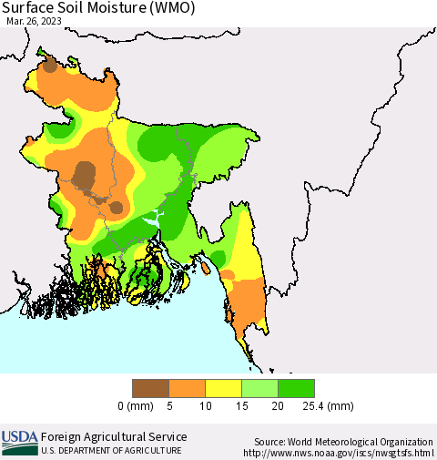 Bangladesh Surface Soil Moisture (WMO) Thematic Map For 3/20/2023 - 3/26/2023