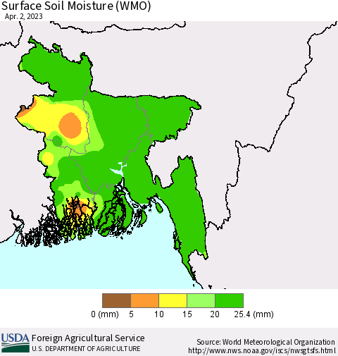 Bangladesh Surface Soil Moisture (WMO) Thematic Map For 3/27/2023 - 4/2/2023