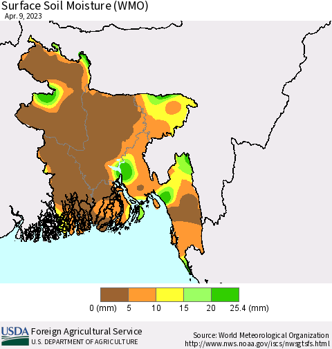 Bangladesh Surface Soil Moisture (WMO) Thematic Map For 4/3/2023 - 4/9/2023