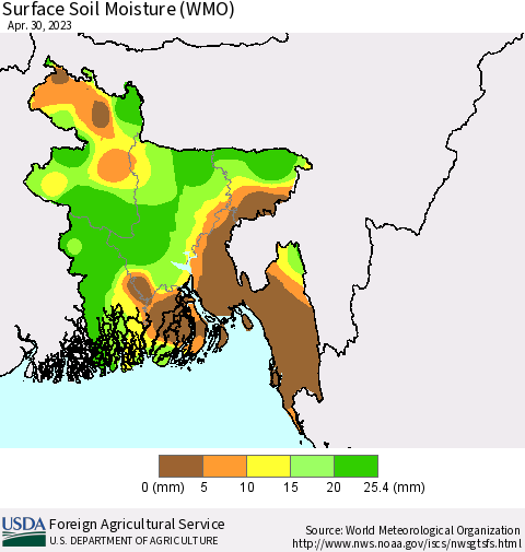 Bangladesh Surface Soil Moisture (WMO) Thematic Map For 4/24/2023 - 4/30/2023