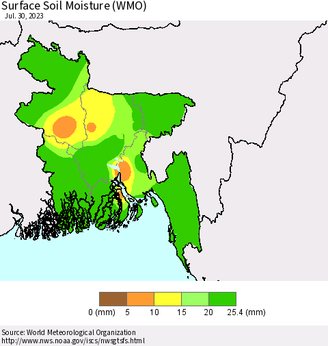 Bangladesh Surface Soil Moisture (WMO) Thematic Map For 7/24/2023 - 7/30/2023