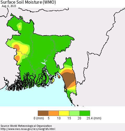 Bangladesh Surface Soil Moisture (WMO) Thematic Map For 7/31/2023 - 8/6/2023