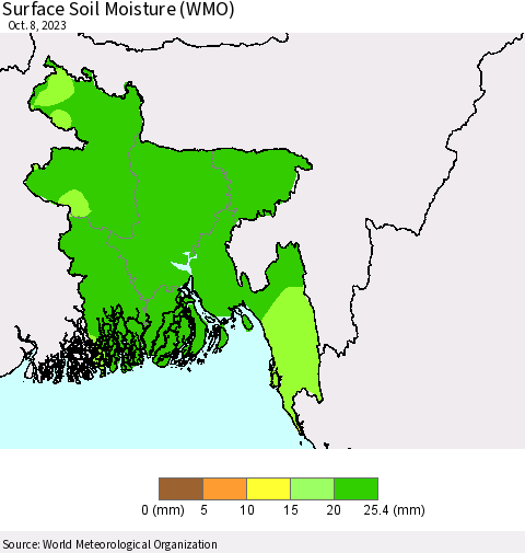 Bangladesh Surface Soil Moisture (WMO) Thematic Map For 10/2/2023 - 10/8/2023