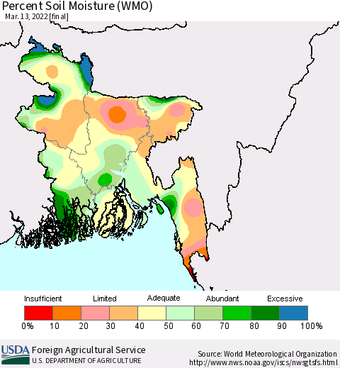 Bangladesh Percent Soil Moisture (WMO) Thematic Map For 3/7/2022 - 3/13/2022