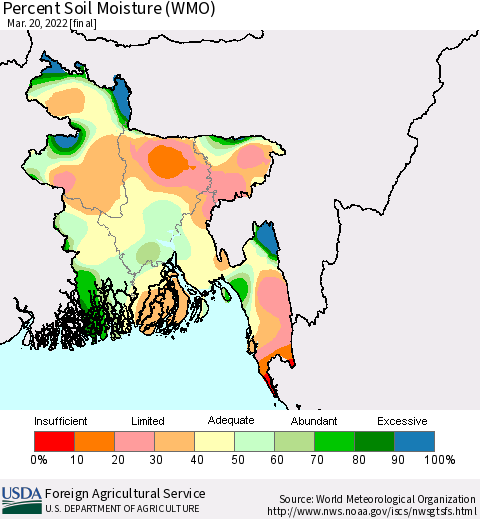 Bangladesh Percent Soil Moisture (WMO) Thematic Map For 3/14/2022 - 3/20/2022