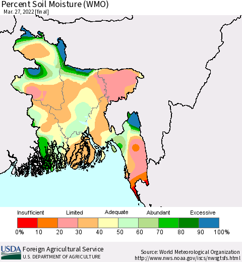 Bangladesh Percent Soil Moisture (WMO) Thematic Map For 3/21/2022 - 3/27/2022