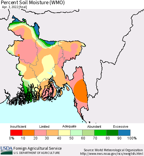 Bangladesh Percent Soil Moisture (WMO) Thematic Map For 3/28/2022 - 4/3/2022