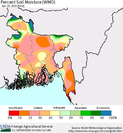 Bangladesh Percent Soil Moisture (WMO) Thematic Map For 4/4/2022 - 4/10/2022
