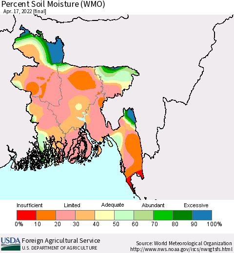 Bangladesh Percent Soil Moisture (WMO) Thematic Map For 4/11/2022 - 4/17/2022