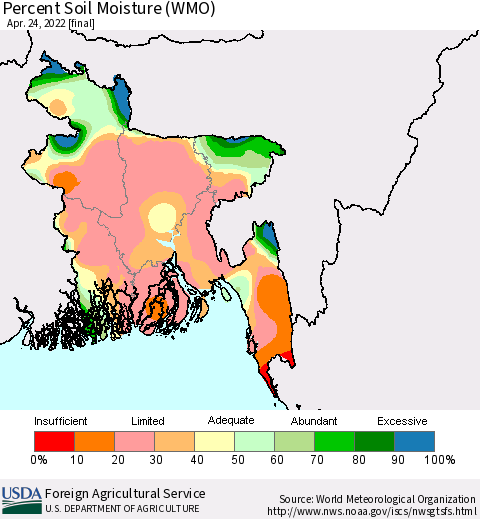 Bangladesh Percent Soil Moisture (WMO) Thematic Map For 4/18/2022 - 4/24/2022
