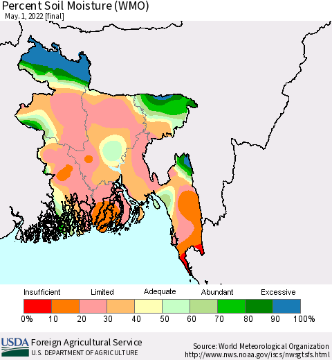 Bangladesh Percent Soil Moisture (WMO) Thematic Map For 4/25/2022 - 5/1/2022