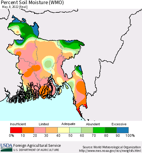 Bangladesh Percent Soil Moisture (WMO) Thematic Map For 5/2/2022 - 5/8/2022