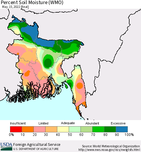 Bangladesh Percent Soil Moisture (WMO) Thematic Map For 5/9/2022 - 5/15/2022