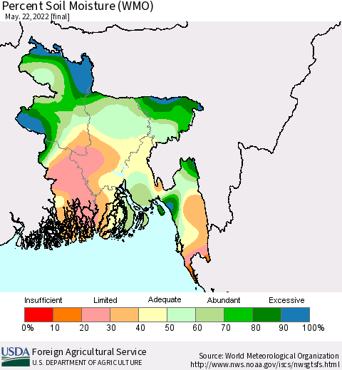 Bangladesh Percent Soil Moisture (WMO) Thematic Map For 5/16/2022 - 5/22/2022