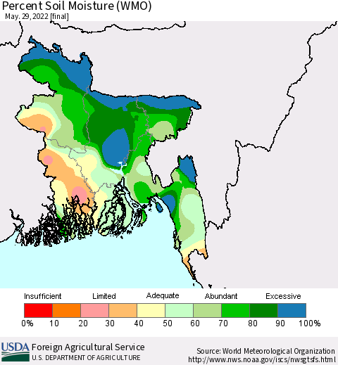 Bangladesh Percent Soil Moisture (WMO) Thematic Map For 5/23/2022 - 5/29/2022