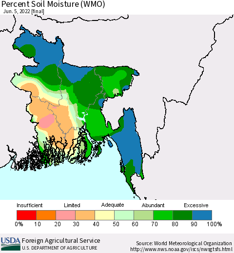 Bangladesh Percent Soil Moisture (WMO) Thematic Map For 5/30/2022 - 6/5/2022