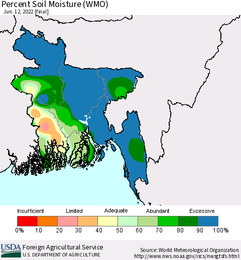 Bangladesh Percent Soil Moisture (WMO) Thematic Map For 6/6/2022 - 6/12/2022