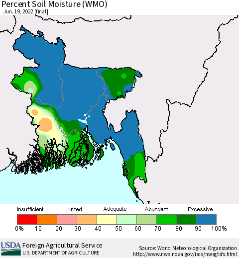 Bangladesh Percent Soil Moisture (WMO) Thematic Map For 6/13/2022 - 6/19/2022