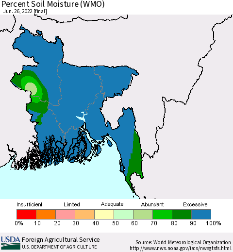 Bangladesh Percent Soil Moisture (WMO) Thematic Map For 6/20/2022 - 6/26/2022