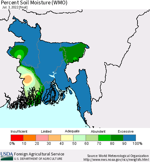 Bangladesh Percent Soil Moisture (WMO) Thematic Map For 6/27/2022 - 7/3/2022