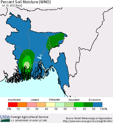 Bangladesh Percent Soil Moisture (WMO) Thematic Map For 7/4/2022 - 7/10/2022