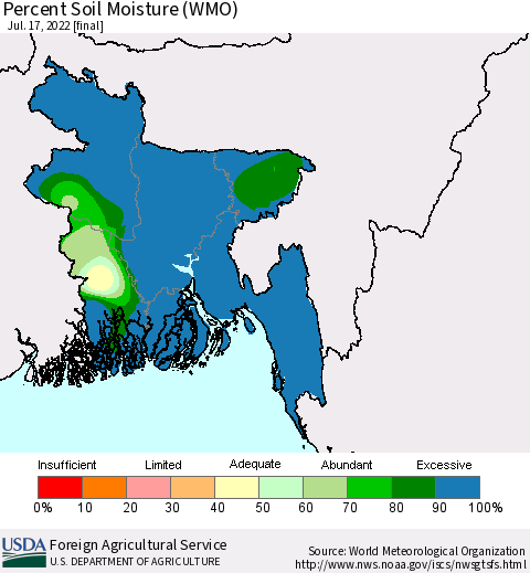 Bangladesh Percent Soil Moisture (WMO) Thematic Map For 7/11/2022 - 7/17/2022