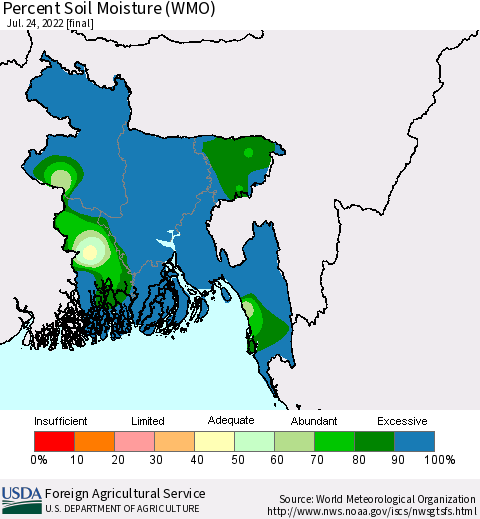 Bangladesh Percent Soil Moisture (WMO) Thematic Map For 7/18/2022 - 7/24/2022
