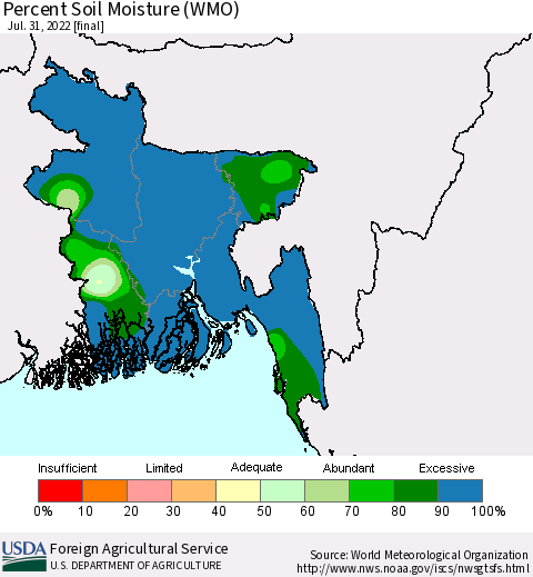 Bangladesh Percent Soil Moisture (WMO) Thematic Map For 7/25/2022 - 7/31/2022