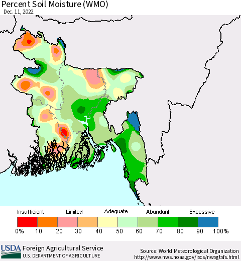 Bangladesh Percent Soil Moisture (WMO) Thematic Map For 12/5/2022 - 12/11/2022