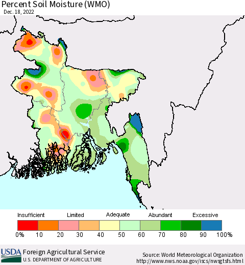 Bangladesh Percent Soil Moisture (WMO) Thematic Map For 12/12/2022 - 12/18/2022