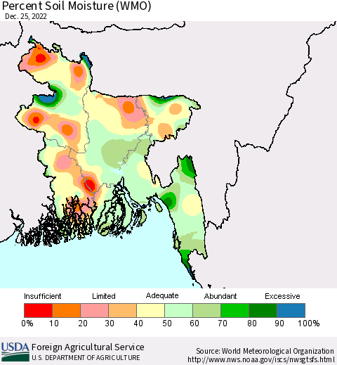 Bangladesh Percent Soil Moisture (WMO) Thematic Map For 12/19/2022 - 12/25/2022