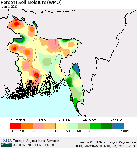 Bangladesh Percent Soil Moisture (WMO) Thematic Map For 12/26/2022 - 1/1/2023