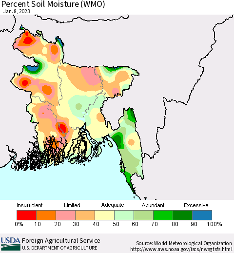 Bangladesh Percent Soil Moisture (WMO) Thematic Map For 1/2/2023 - 1/8/2023