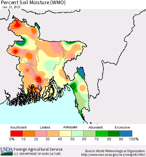 Bangladesh Percent Soil Moisture (WMO) Thematic Map For 1/9/2023 - 1/15/2023